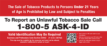 Tobacco Age of Sale Warning Sign