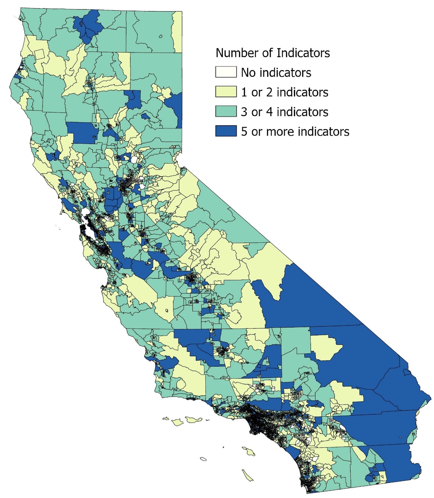 Map 1 California census tracts by number of geospatial indicators of risk for childhood lead exposure