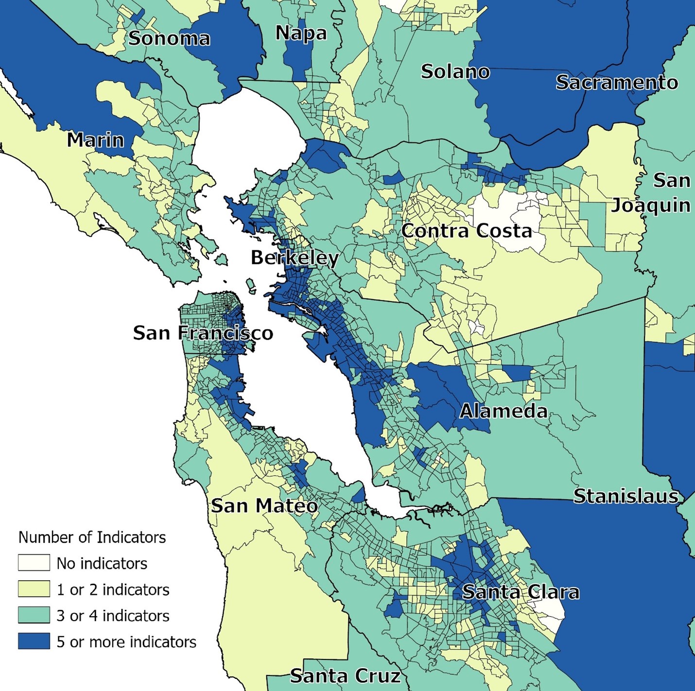 Map 3: Bay Area local health jurisdictions' census tracts by number of geospatial indicators of risk for childhood lead exposure