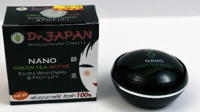 round black container of face cream with white lettering that says Nano next to its black box that says in red "Dr Japan"