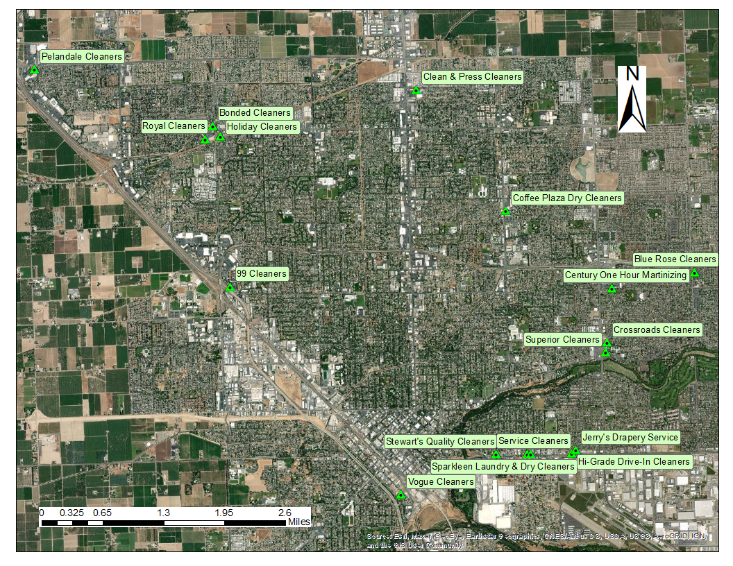 A map of the extent of the dry cleaner investigation in Modesto