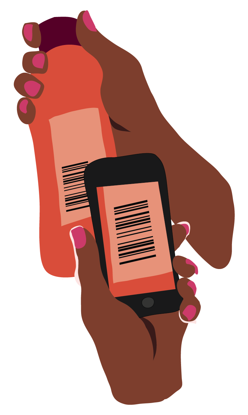 Hands with dark skin and pink nailpolish using mobile app to look up cosmetics ingredients