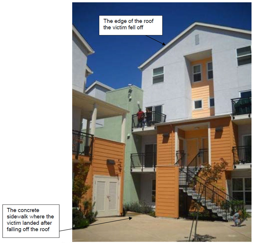 A four-story residential building with a steeply slanted roof stands above a concrete patio. A text box with an arrow shows the edge of the roof where the victim fell. Another text box points to the concrete patio where he landed after he fell from the roof.