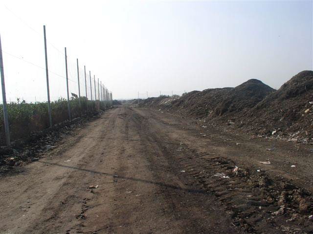 A dirt road with large tire tracks in it leads into the horizon, with a long chain-link fence to the left and mounds of dirt, organic matter, and trash to the right.