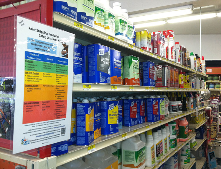 Paint remover alternatives poster at a hardware store