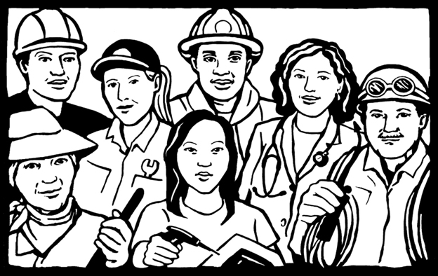 Illustration of a diverse group of men and women workers.