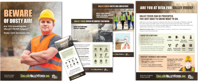 Collage of various factsheets and posters wtih worker and Valley fever info