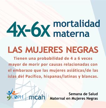 Spanish caption saying black women are 4 to 6 times more likely to die from pregnancy-related causes