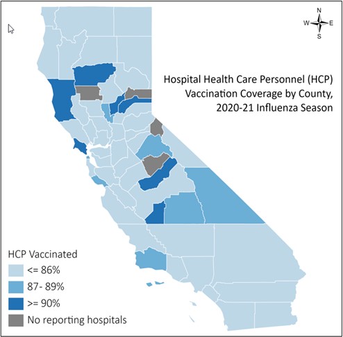 Figure 1. Hospital Health Care Personnel Influenza Vaccination Coverage by County, 2020-21