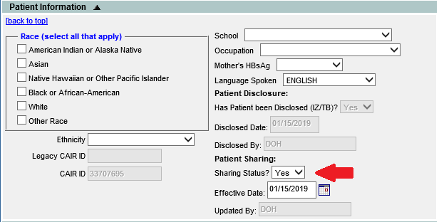 image showing how to select yes for sharing status