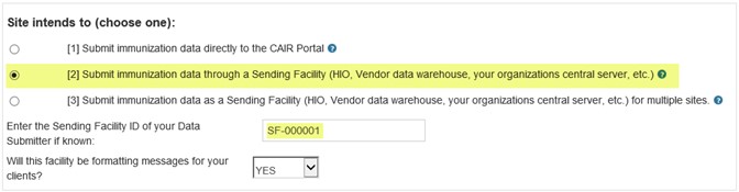 Image showing the Site Type 2 option, where data is submitted indirectly to CAIR