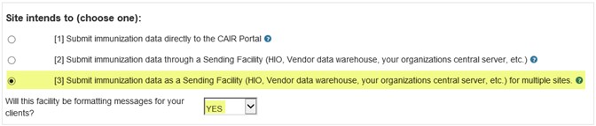 Image showing the Site Type 3 option, where data is submitted as a Sending Facility.
