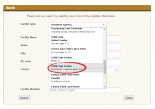 childcare facility number search function example