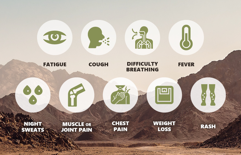 Most common symptoms of Valley fever: fatigue, cough, difficulty breathing, and fever.