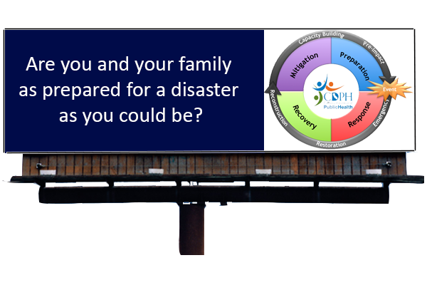 Billboard stating "Are you and your family as prepared for a disaster as youcould be?" with a response lifecycle graphic