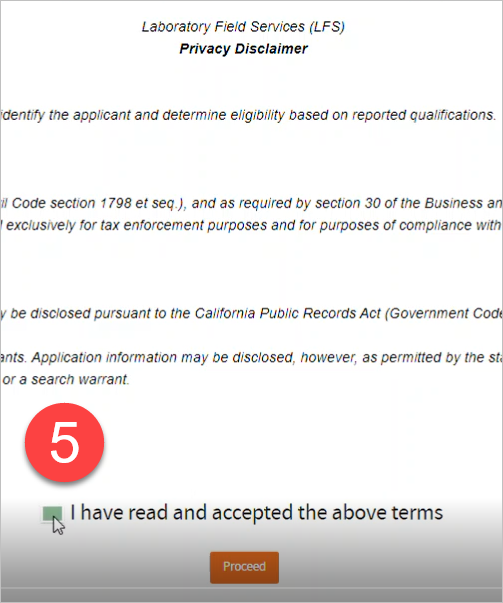 Privacy Disclaimer showing acceptance checkbox