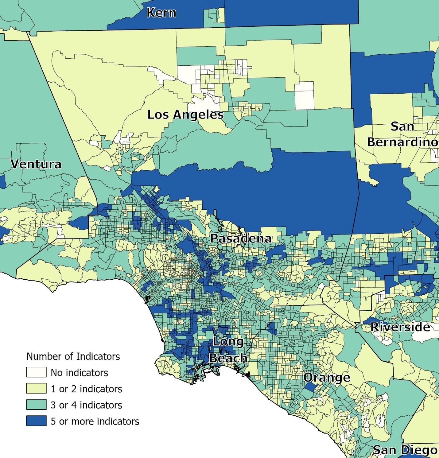 Map 2: Los Angeles area local health jurisdictions' census tracts by number of geospatial indicators of risk for childhood lead 