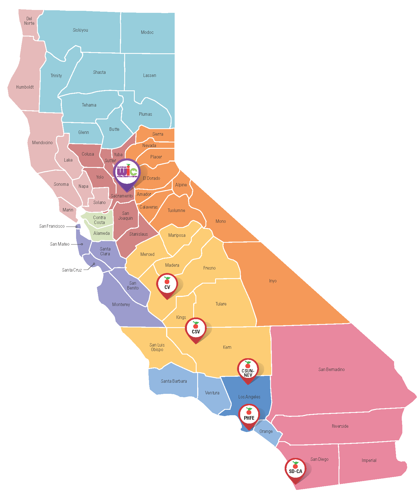 California state map with WIC locdations marker. State WIC office - Sacramento. CV - Fresno